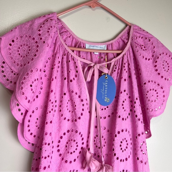 Cartolina Pink Eyelet Dress with Ruffle Sleeves NWOT Size M - Picture 2 of 8